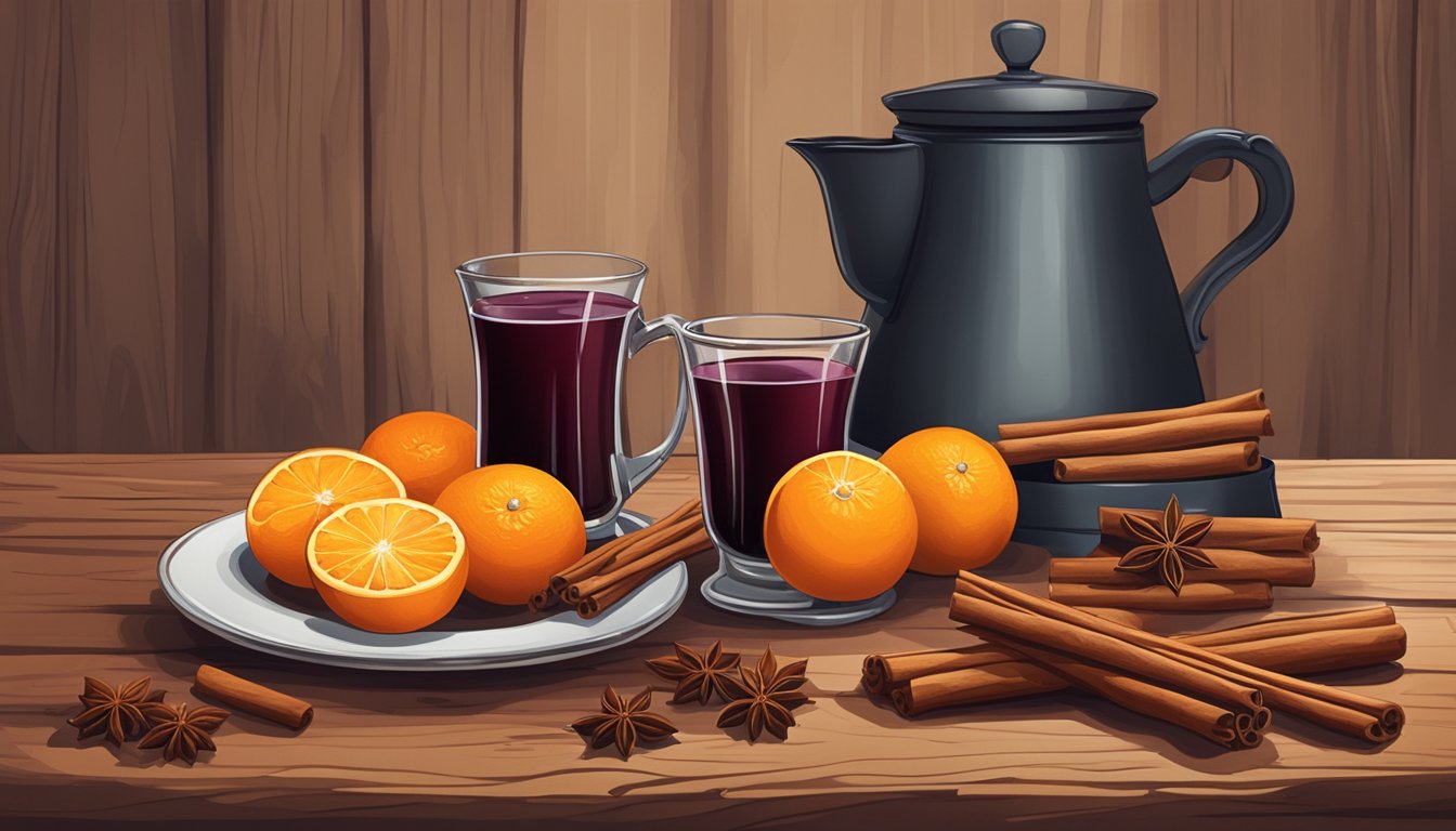 A rustic table with a steaming pot of mulled wine, surrounded by cinnamon sticks, cloves, and oranges. A cowboy hat and a pair of cowboy boots are placed nearby