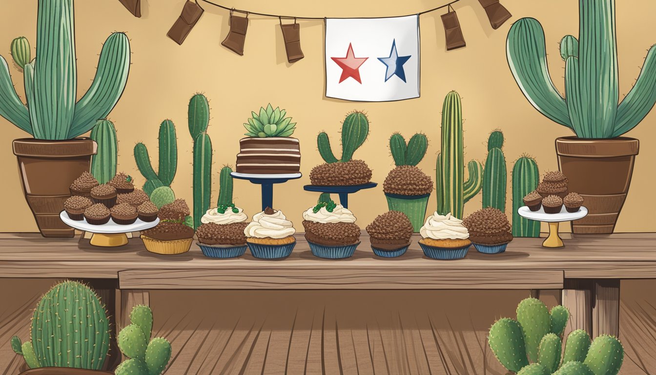 A rustic kitchen with cowboy boots, cacti, and a Texas flag backdrop, featuring a table filled with gluten-free chocolate quinoa cupcakes