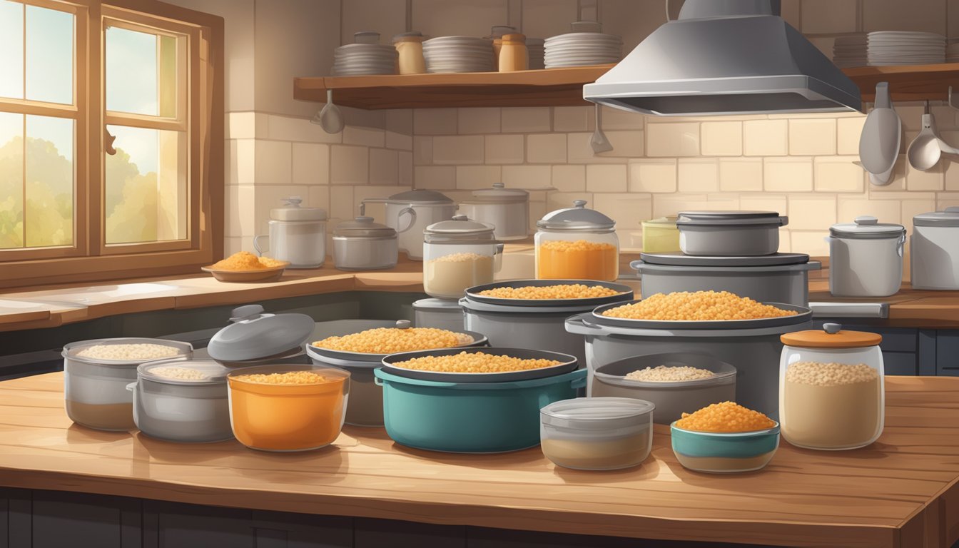 A rustic kitchen with a steaming pot of sweet potato brown rice pudding and various storage containers for leftovers