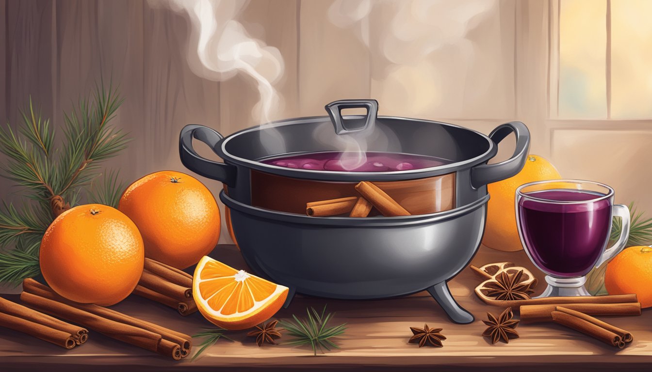 A cozy Texas scene with a steaming pot of mulled wine surrounded by cinnamon sticks, oranges, and cloves on a rustic wooden table