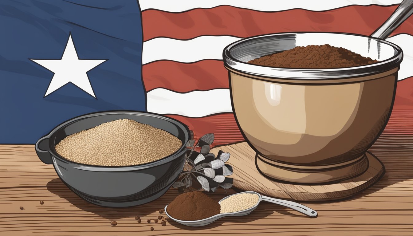 A rustic kitchen counter with a mixing bowl filled with quinoa flour, cocoa powder, and other baking ingredients. A Texas flag hangs on the wall in the background