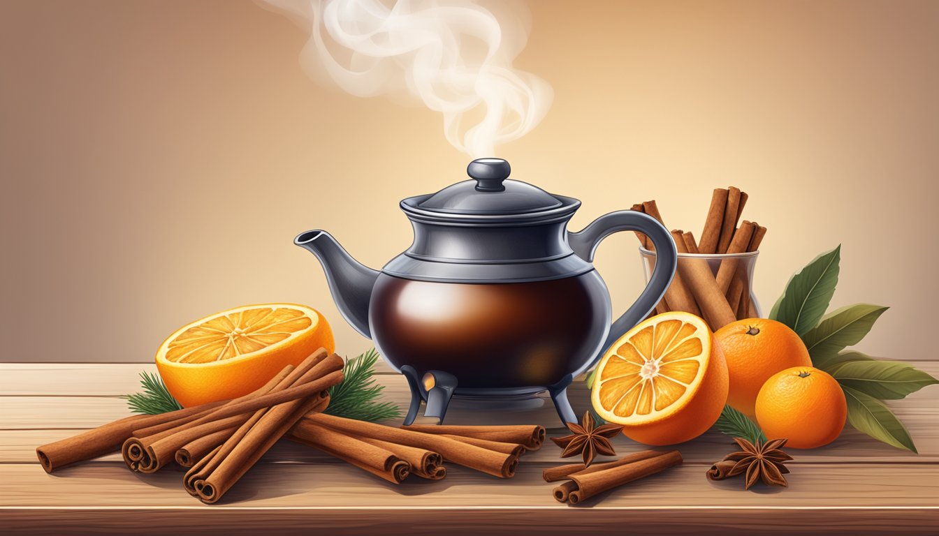 A rustic wooden table with a steaming pot of mulled wine, surrounded by cinnamon sticks, cloves, and oranges