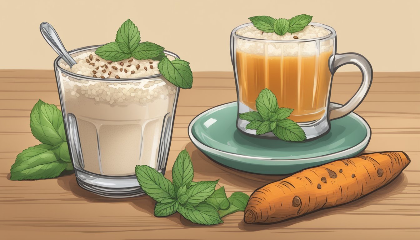 A rustic wooden table set with a steaming bowl of sweet potato brown rice pudding, accompanied by a glass of iced tea and a decorative sprig of mint