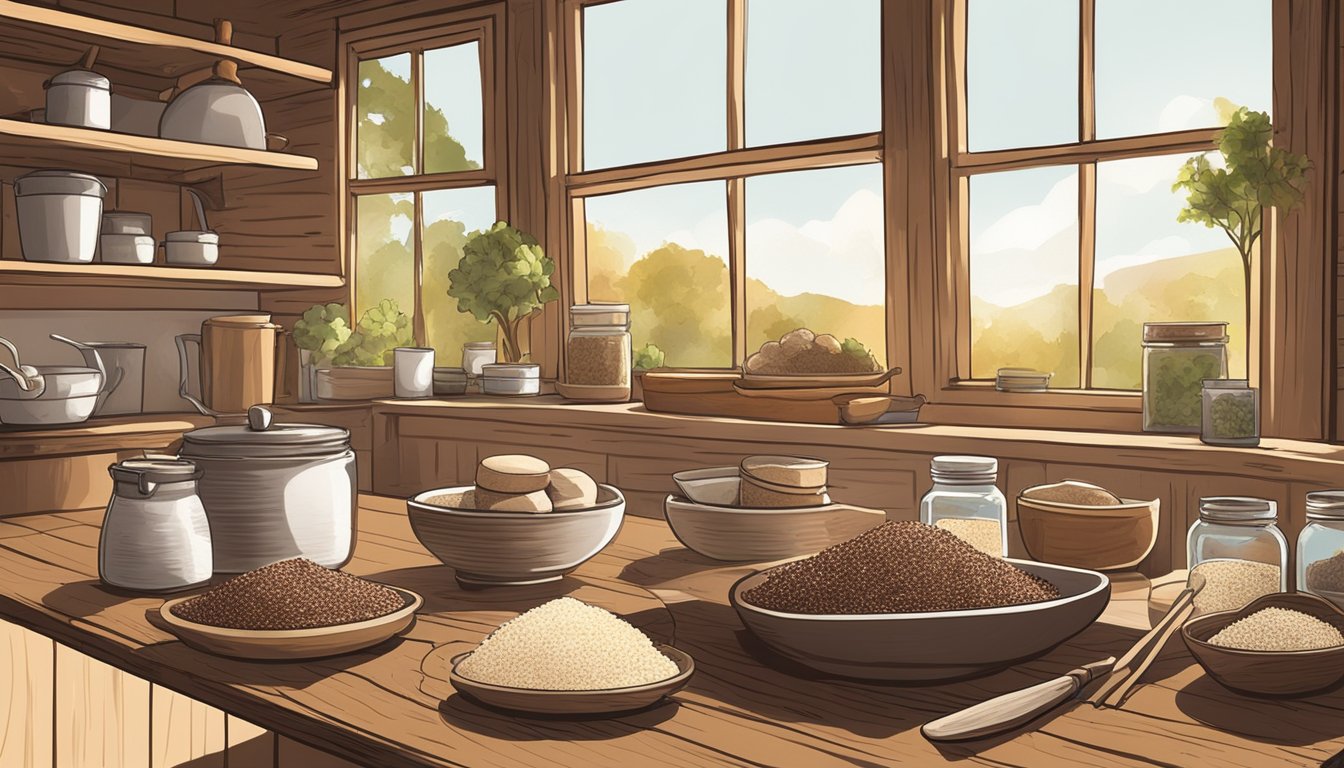 A rustic kitchen with ingredients laid out, including quinoa, cocoa, and Texas-shaped cupcake molds. Sunlight streams through the window onto the wooden table