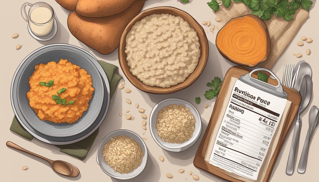 A rustic table setting with a bowl of sweet potato brown rice pudding, surrounded by ingredients like sweet potatoes, brown rice, and a nutrition label