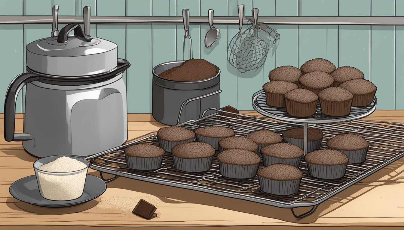 A rustic kitchen with vintage baking tools, a mixing bowl filled with quinoa flour and cocoa, and a tray of freshly baked Texas-style gluten-free chocolate quinoa cupcakes cooling on a wire rack