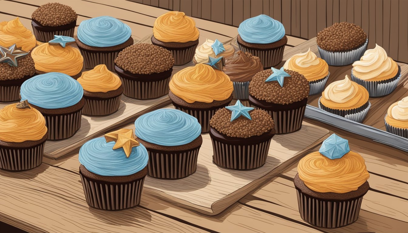 A rustic wooden table adorned with Texas-themed decorations, showcasing gluten-free chocolate quinoa cupcakes topped with intricate frosting designs