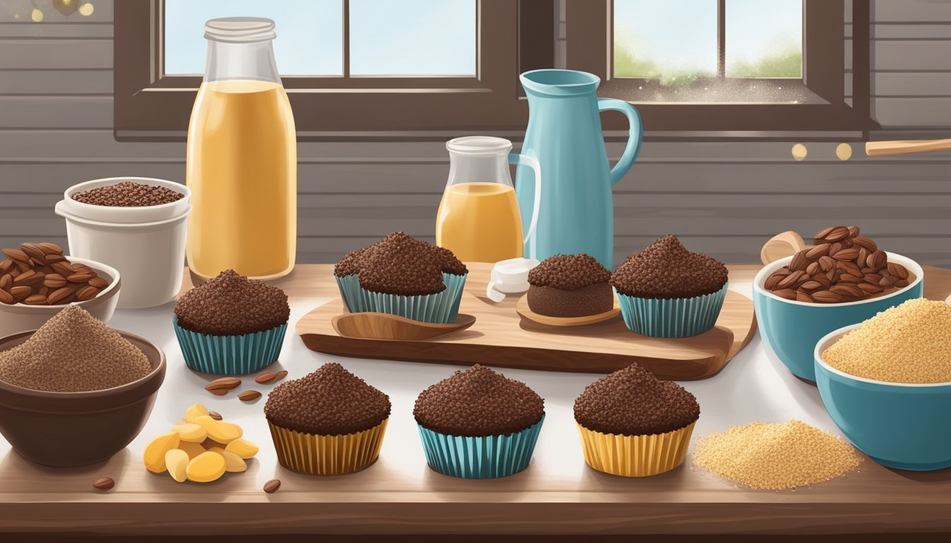 A rustic kitchen scene with a wooden table topped with Texas-style gluten-free chocolate quinoa cupcakes surrounded by ingredients like quinoa, cocoa, and almond flour