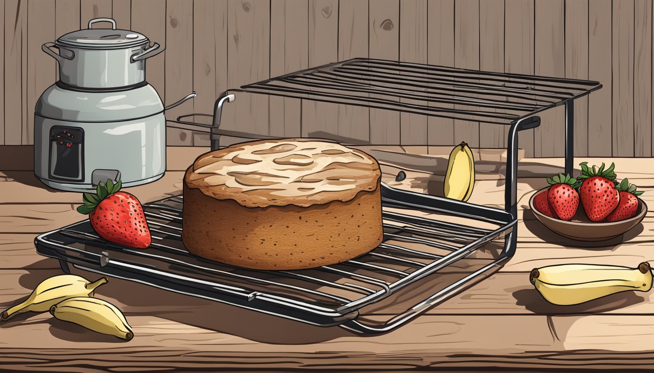 A rustic Texas kitchen with a vintage oven, ingredients scattered on a wooden table, and a freshly baked strawberry banana cake cooling on a wire rack