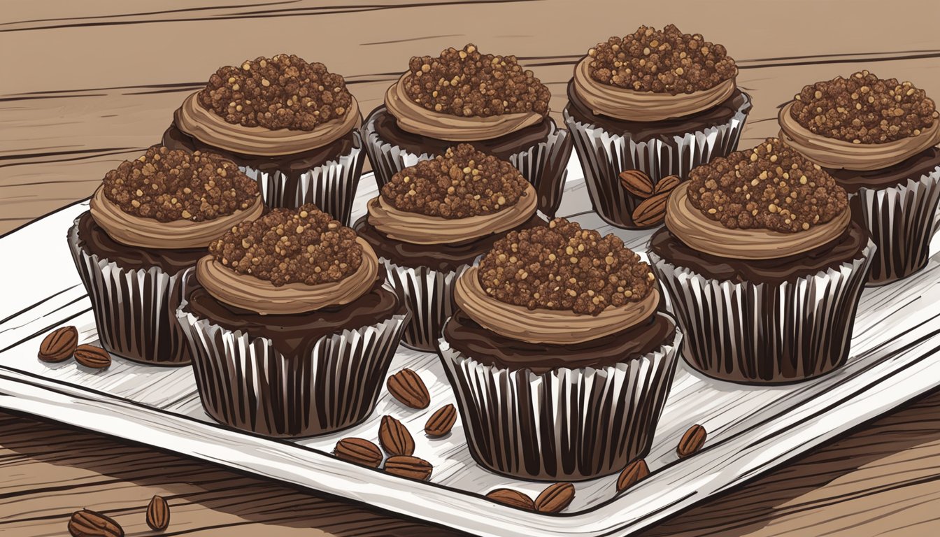 A rustic wooden table with a platter of Texas-style gluten-free chocolate quinoa cupcakes, adorned with a drizzle of rich chocolate ganache and a sprinkle of chopped pecans