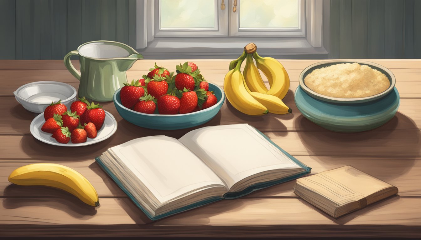 A rustic kitchen table with fresh strawberries, ripe bananas, and a bag of flour next to a vintage recipe book