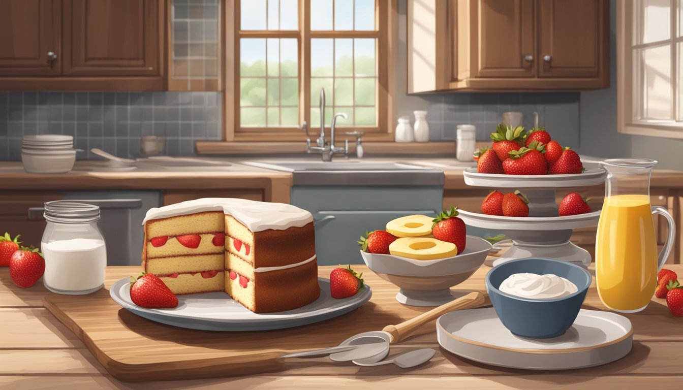 A rustic kitchen with a wooden table holding a Texas-style strawberry banana cake surrounded by baking essentials like flour, eggs, and fresh fruit