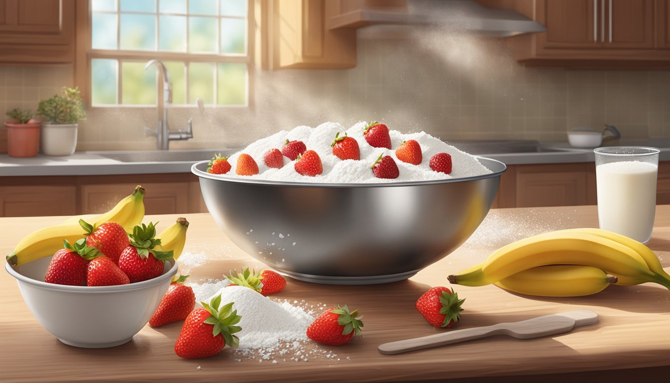 A mixing bowl filled with ripe strawberries and bananas, surrounded by ingredients like flour, sugar, and eggs on a wooden kitchen counter