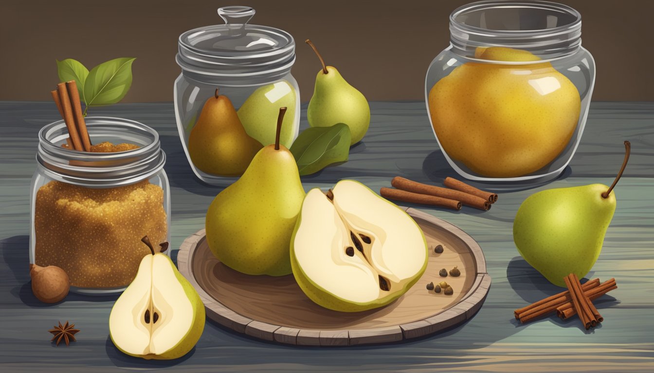 A rustic wooden table with a selection of ripe pears, a jar of spices, and a square tart with a crumbly crust