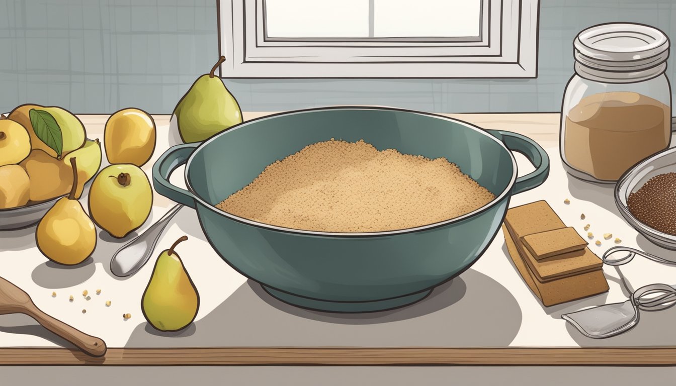 A rustic kitchen counter with a mixing bowl, graham cracker crumbs, spices, and a pear, ready to be pressed into a square tart pan