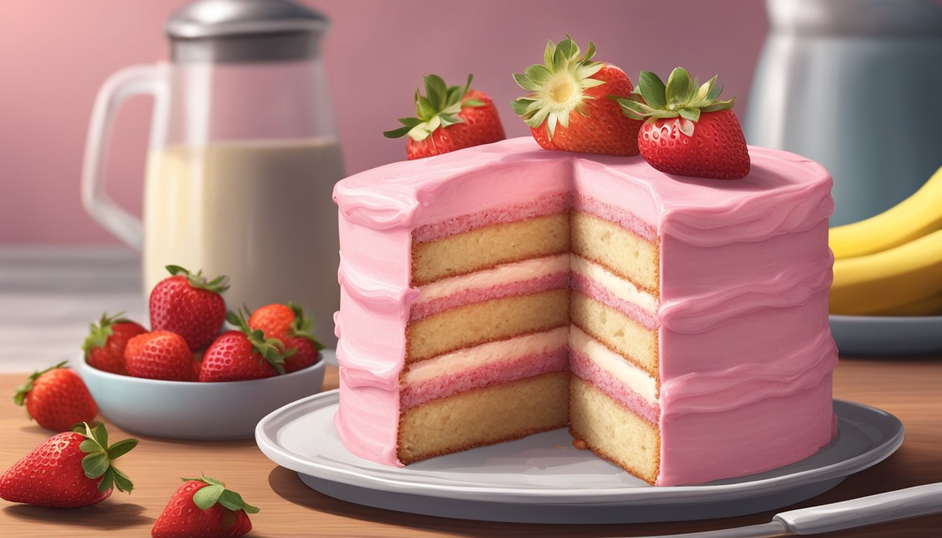 A rustic Texas-style strawberry banana cake being generously frosted with a creamy, pink frosting, with fresh slices of strawberries and bananas arranged on top for flavor enhancement