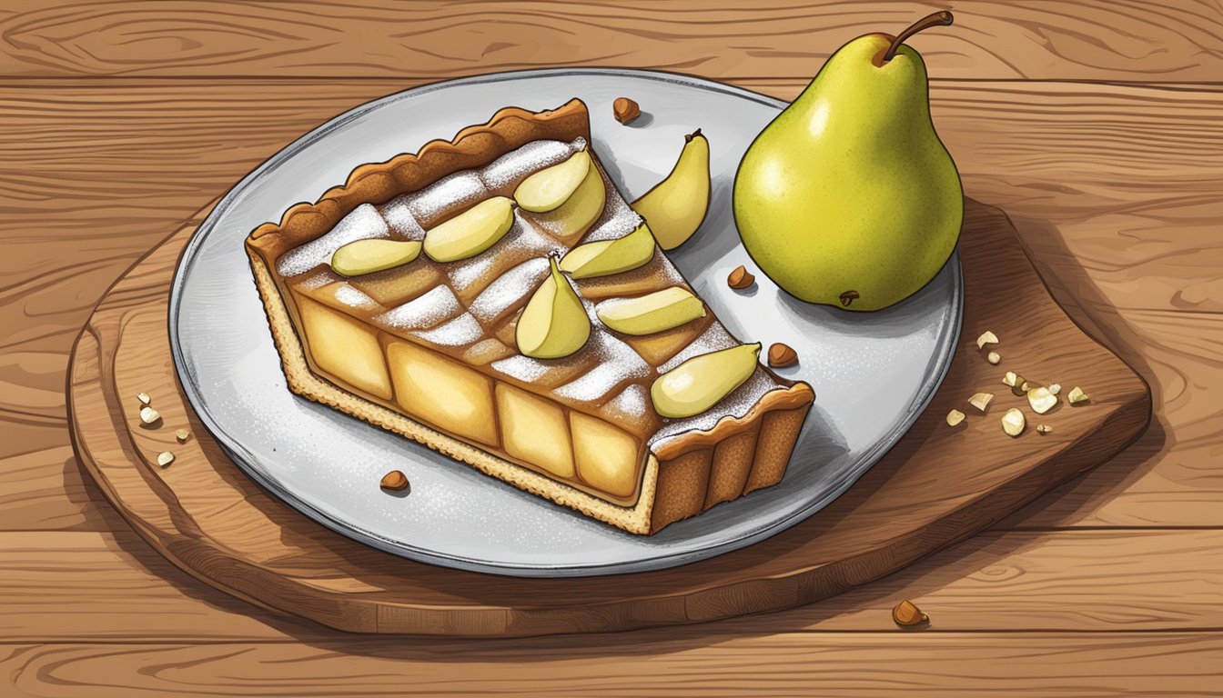 A rustic wooden table with a Texas-style pear spice square tart, topped with a layer of pear filling and surrounded by scattered spices and fresh pear slices