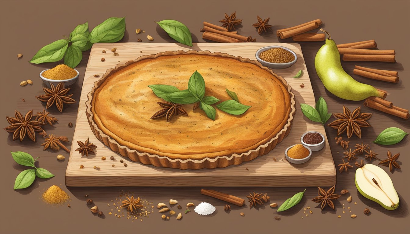 A rustic wooden table with a variety of spices and seasonings scattered around a pear spice square tart