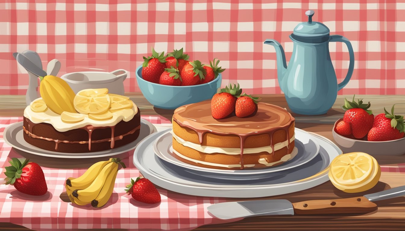 A rustic wooden table with a Texas-style strawberry banana cake topped with fresh fruit and a drizzle of syrup, surrounded by vintage baking utensils and a checkered tablecloth