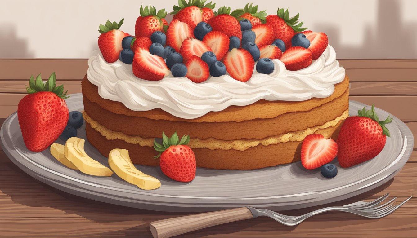 A rustic wooden table with a freshly baked strawberry banana cake, topped with whipped cream and sliced strawberries