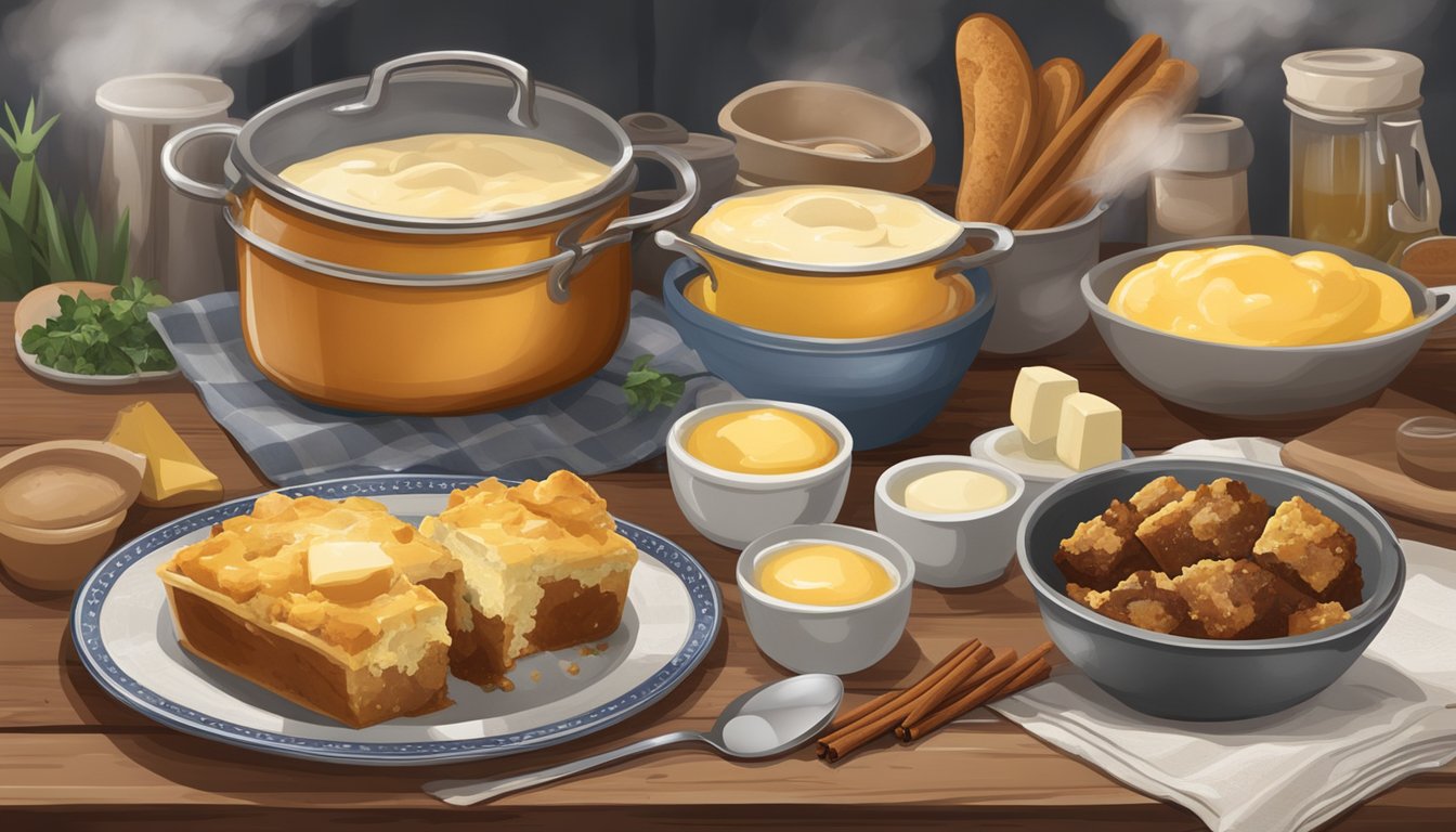 A rustic kitchen table with a steaming Texas-style bread pudding surrounded by essential ingredients like butter, eggs, and cinnamon