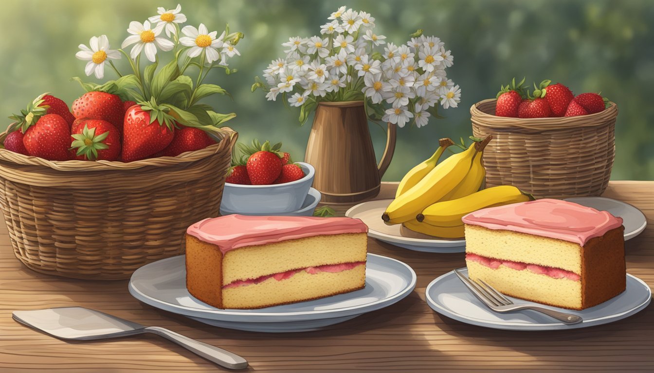 A rustic wooden table with a freshly baked strawberry banana cake, surrounded by Texas wildflowers and a basket of ripe fruit