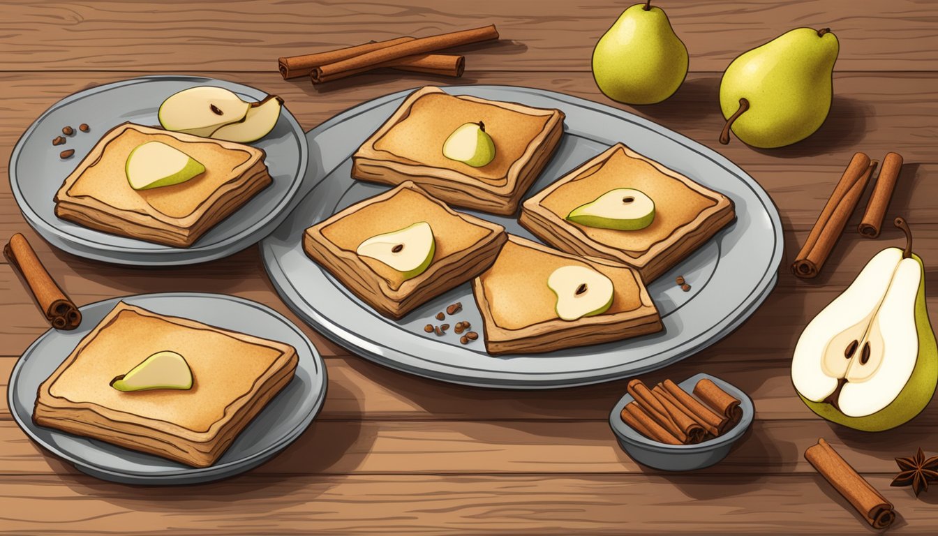 A rustic wooden table with a platter of pear spice square tarts, surrounded by scattered cinnamon sticks and fresh pears