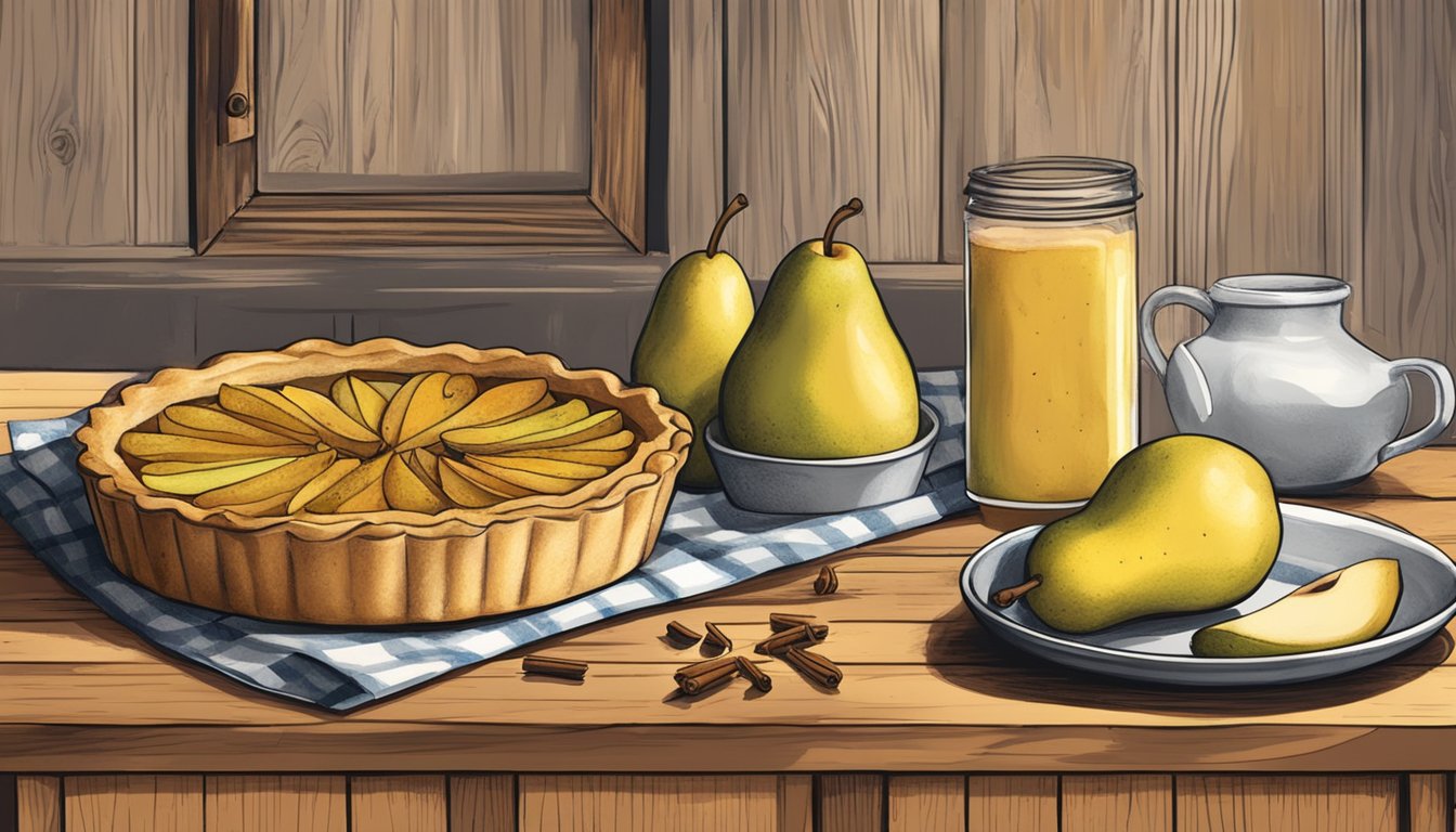 A rustic Texas-style kitchen with a wooden table holding a square tart topped with sliced pears and sprinkled with spices