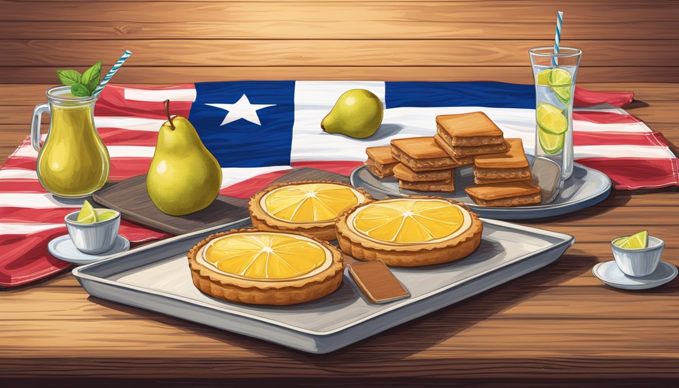 A rustic wooden table with a Texas flag tablecloth holds a tray of pear spice square tarts next to glasses of iced tea and lemonade