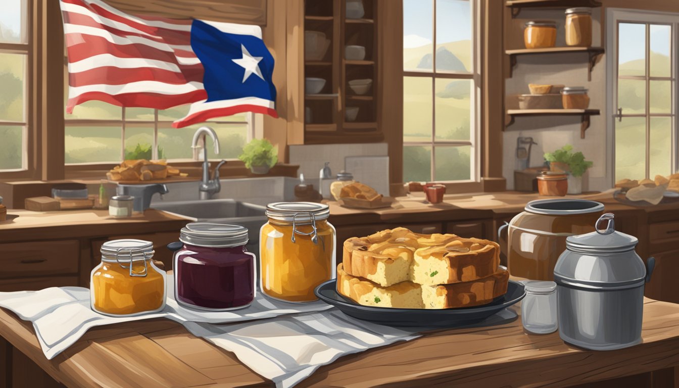 A rustic kitchen table with a steaming pan of buttery bread pudding, surrounded by jars of preserves and a Texas flag hanging on the wall