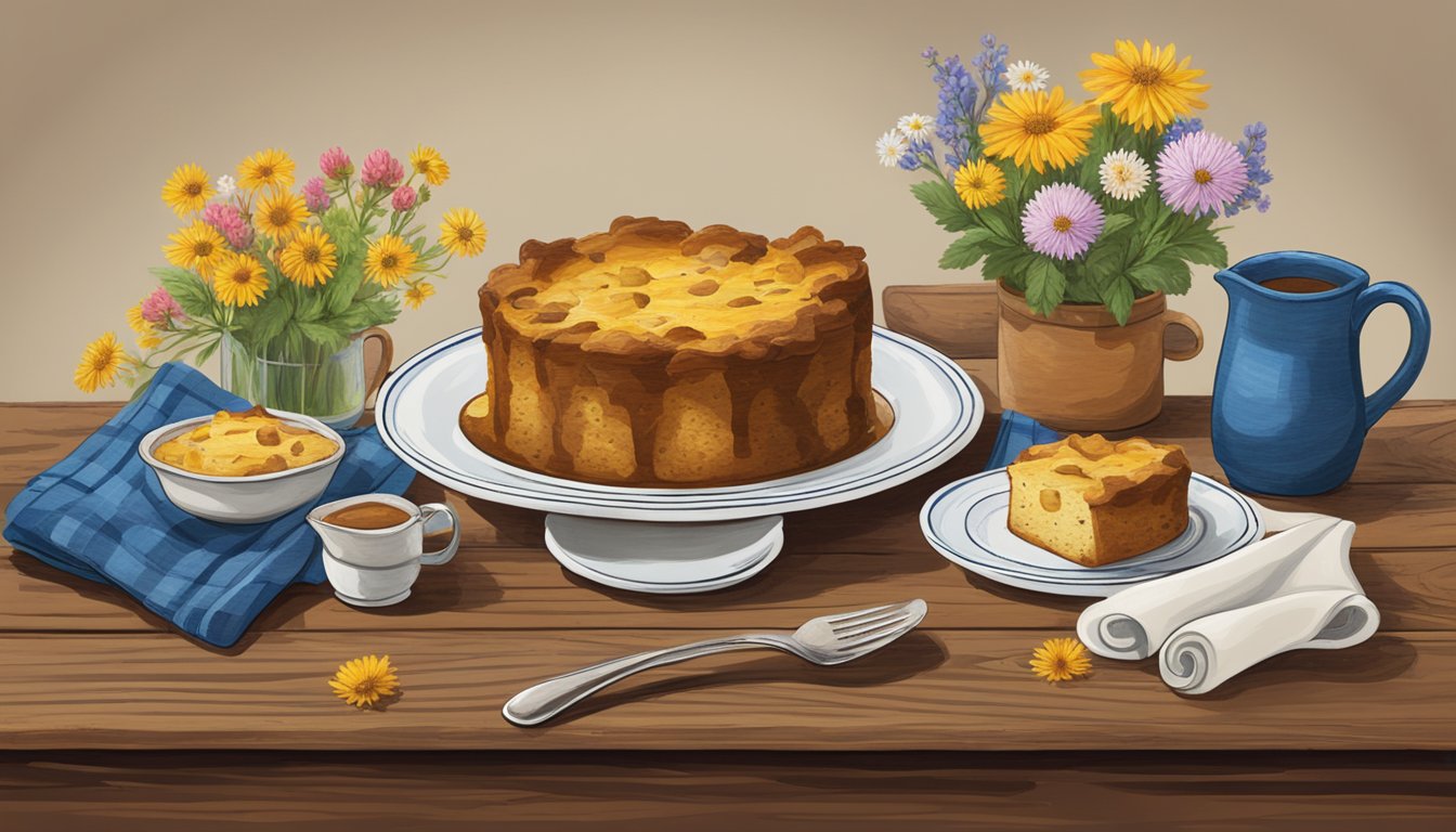 A rustic wooden table adorned with a steaming, golden-brown bread pudding, surrounded by Texas wildflowers and a pair of cowboy boots