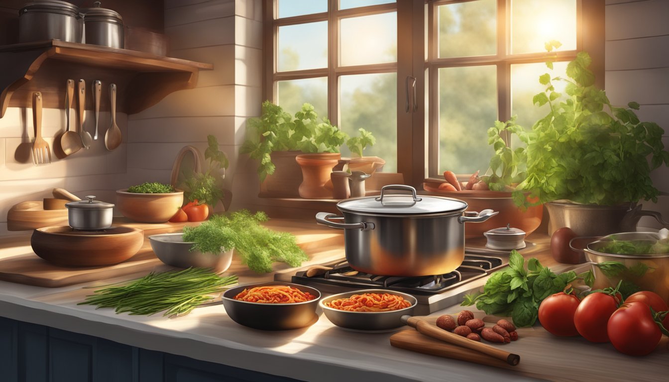 A rustic kitchen with sunlight streaming in, a pot of simmering sun-dried tomato and sausage pasta on the stove, surrounded by fresh herbs and spices