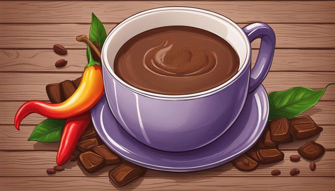 A steaming mug of maca hot chocolate sits on a rustic wooden table, surrounded by vibrant red chili peppers and cocoa beans