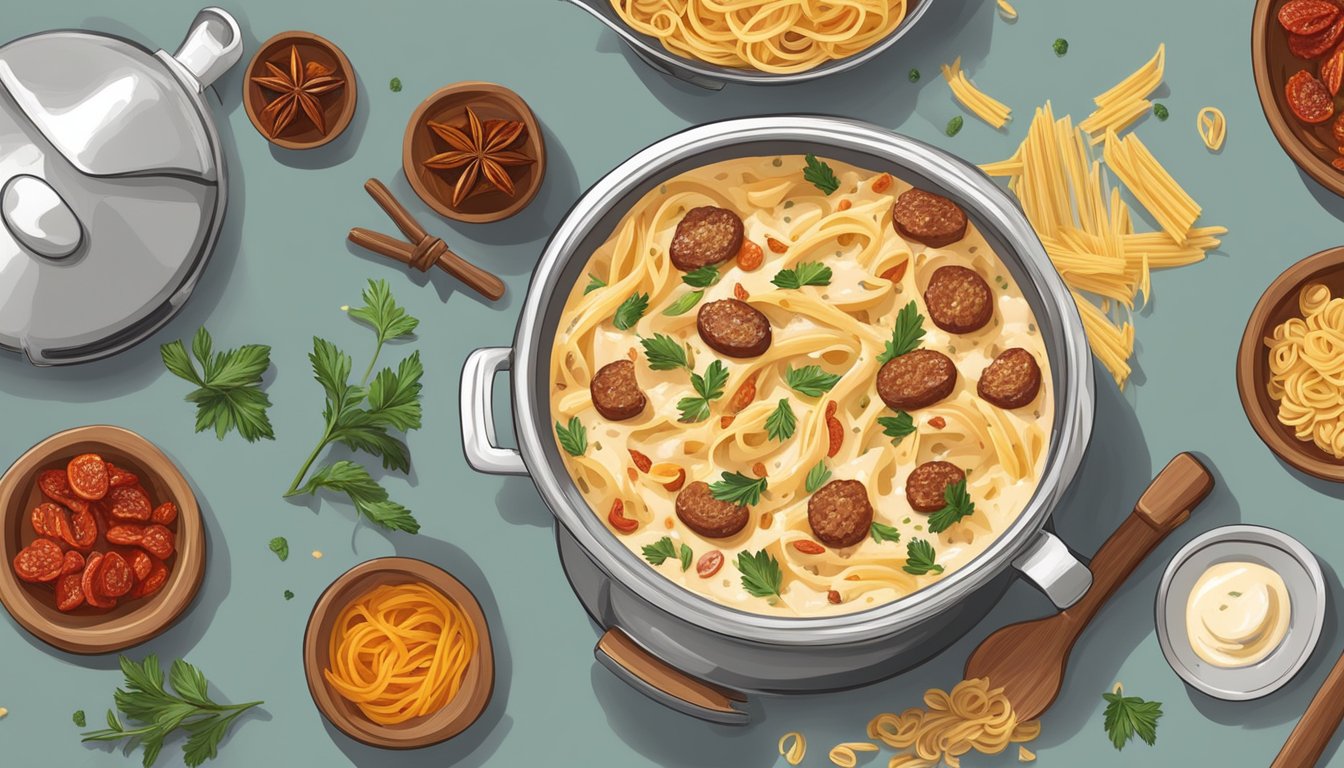 A bubbling pot of creamy sauce with chunks of sun-dried tomatoes and sausage, surrounded by pasta and spices