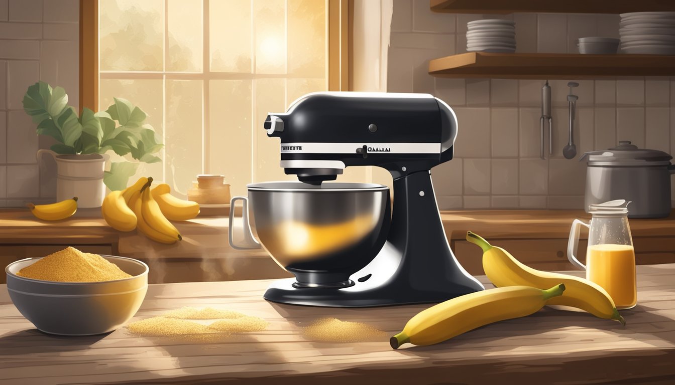 A rustic kitchen with a wooden table covered in flour and ripe bananas, a vintage mixer on the counter, and a warm oven emitting a golden glow