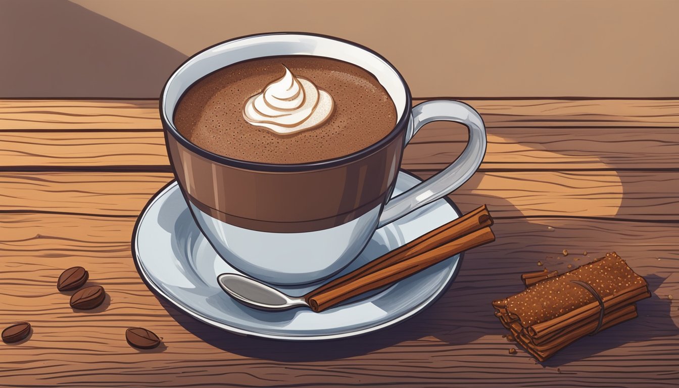 A steaming mug of Texas-style maca hot chocolate with a sprinkle of cinnamon on top, sitting on a rustic wooden table