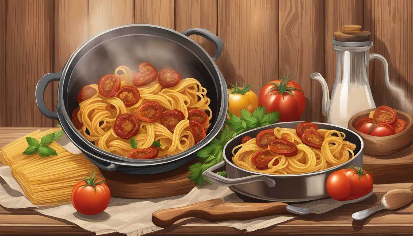 A rustic kitchen with a pot of steaming Texas-style sun-dried tomato and sausage pasta on a wooden table, surrounded by fresh ingredients like tomatoes and herbs