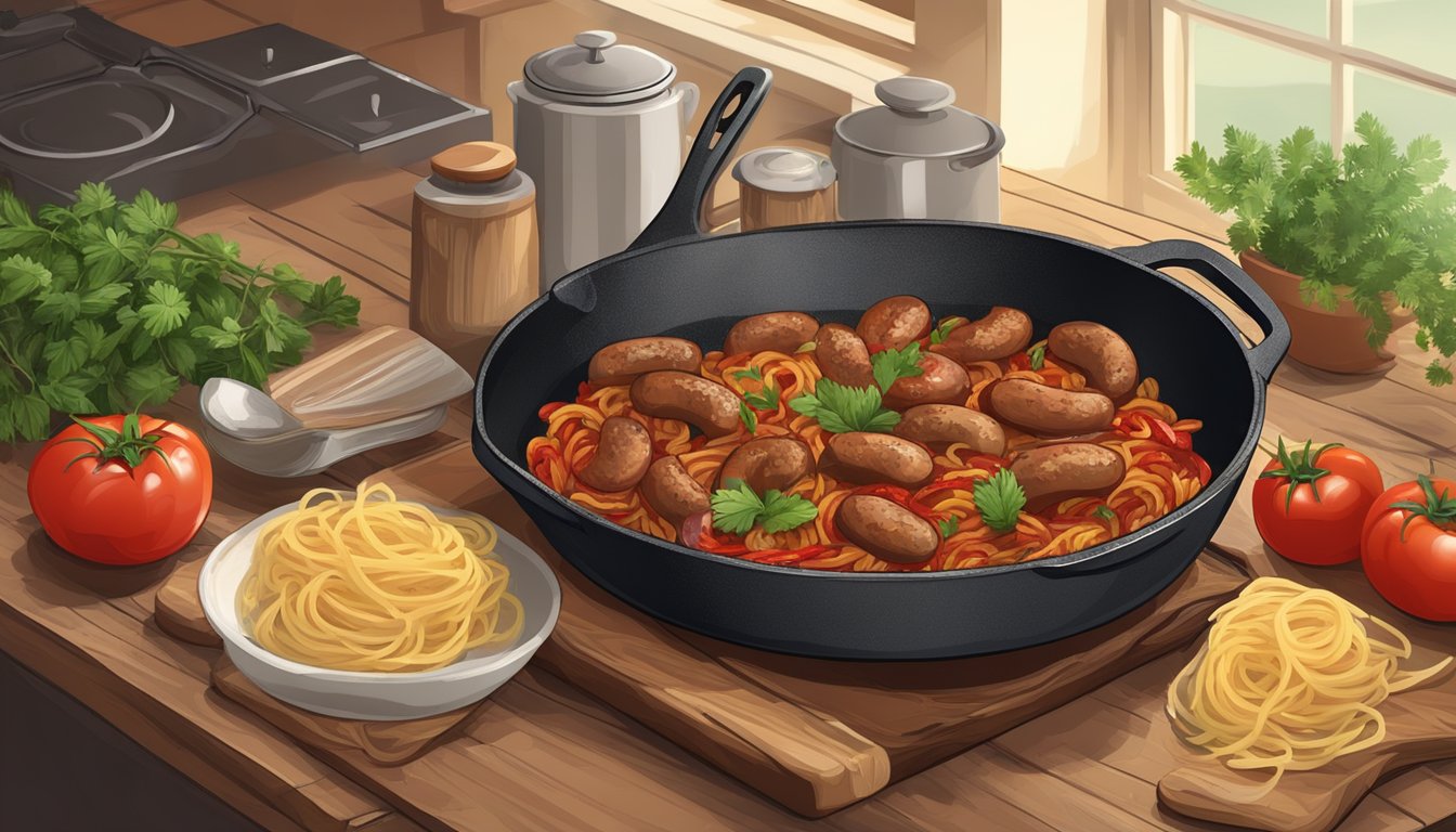 A rustic kitchen with a cast iron skillet sizzling with sausage and sun-dried tomatoes, a pot of boiling pasta, and a wooden cutting board with fresh herbs