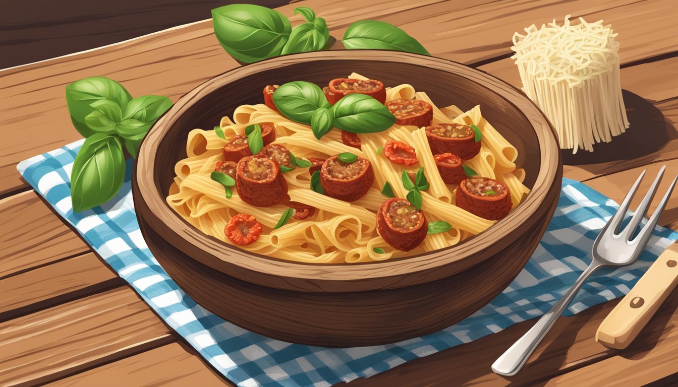 A rustic wooden table set with a steaming bowl of sun-dried tomato and sausage pasta, garnished with fresh basil and grated Parmesan cheese