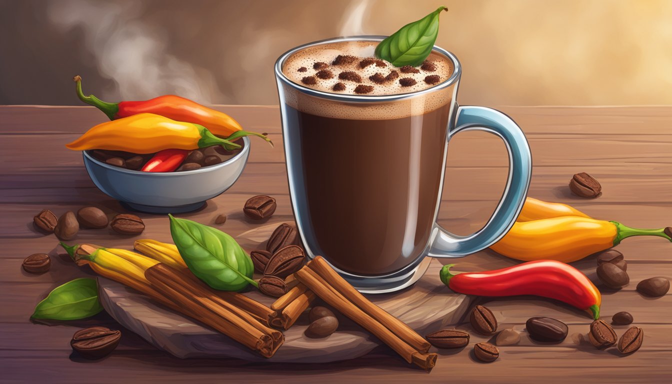 A steaming mug of maca hot chocolate sits on a rustic wooden table, surrounded by colorful chili peppers and cacao pods