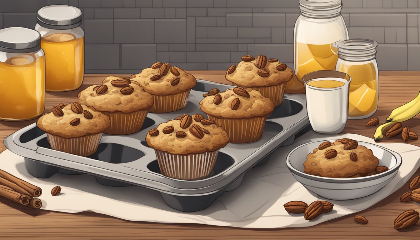 A rustic kitchen counter with a tray of freshly baked banana muffins, surrounded by scattered pecans, cinnamon sticks, and a jar of honey