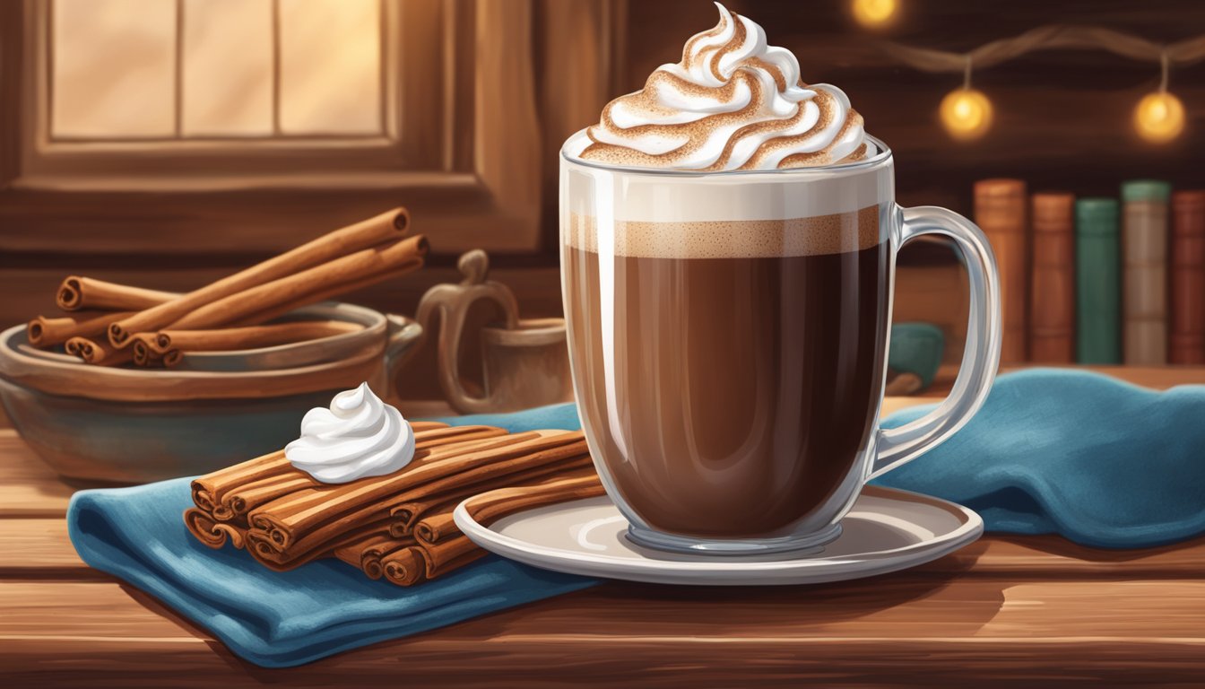 A rustic wooden table with a steaming mug of hot chocolate, adorned with a dollop of whipped cream and a sprinkle of cinnamon, set against a backdrop of Texas-themed decor