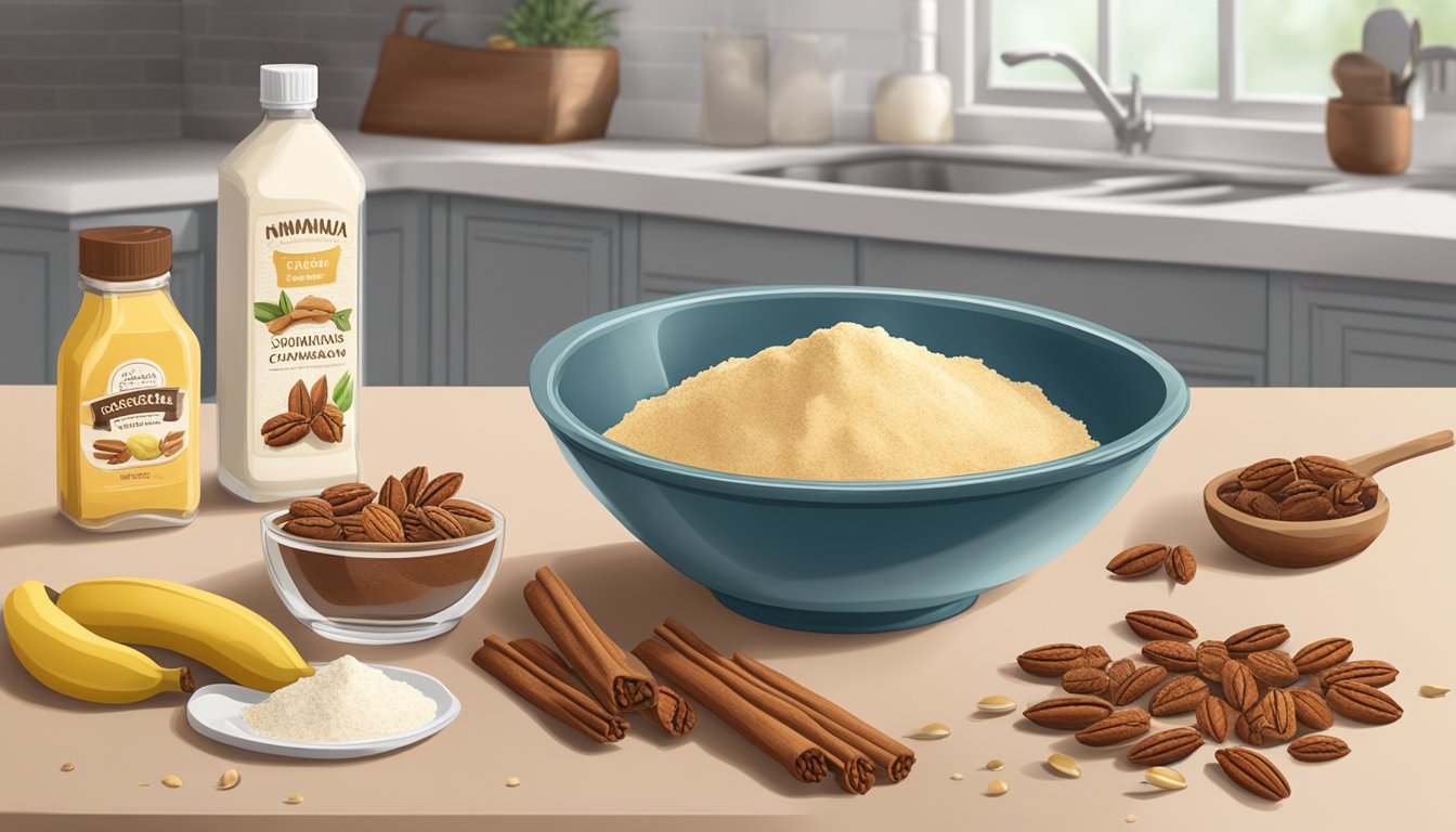 A kitchen counter with a mixing bowl filled with ripe bananas, a bottle of vanilla extract, and a bag of flour, surrounded by scattered pecans and cinnamon sticks