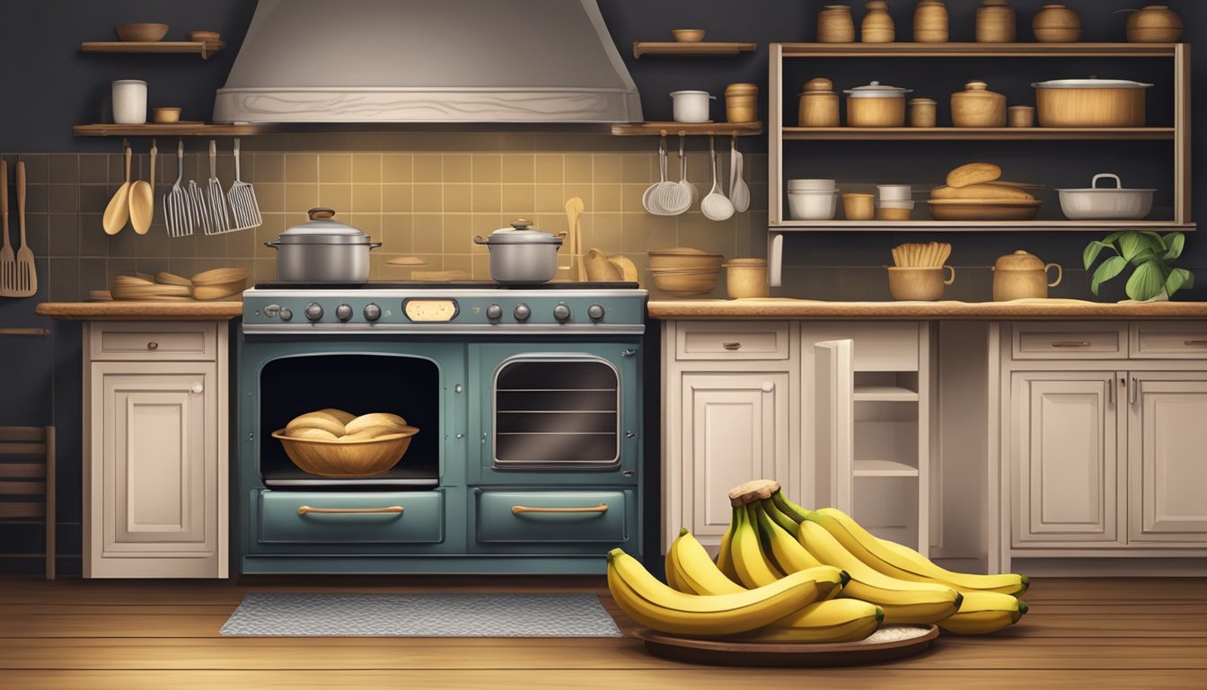 A rustic kitchen with a vintage oven and a wooden table covered in ripe bananas, flour, and baking utensils