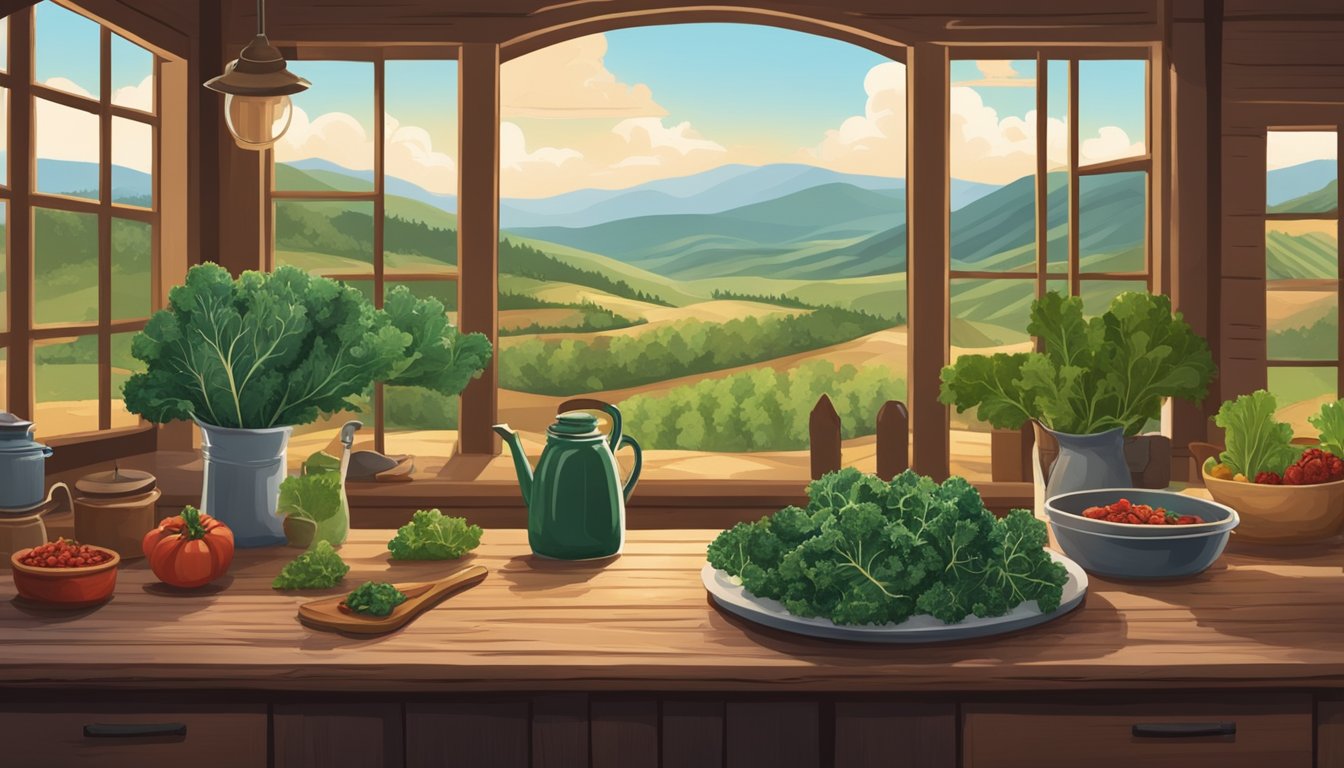 A rustic kitchen with Texan decor, a wooden table covered in kale and sundried tomatoes, surrounded by rolling hills and a lone cowboy hat