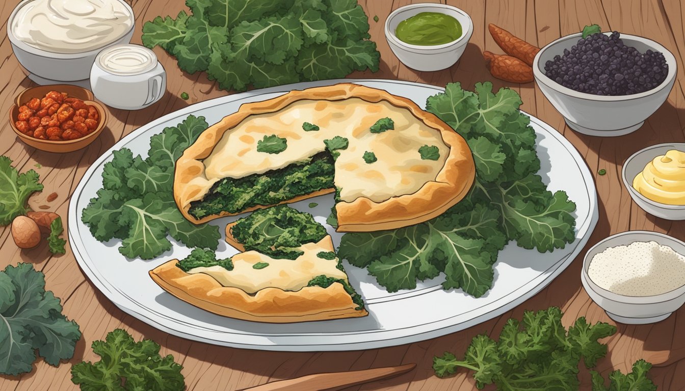 A rustic kale and sundried tomato galette sits on a wooden table, surrounded by scattered ingredients like flour, butter, and fresh kale leaves