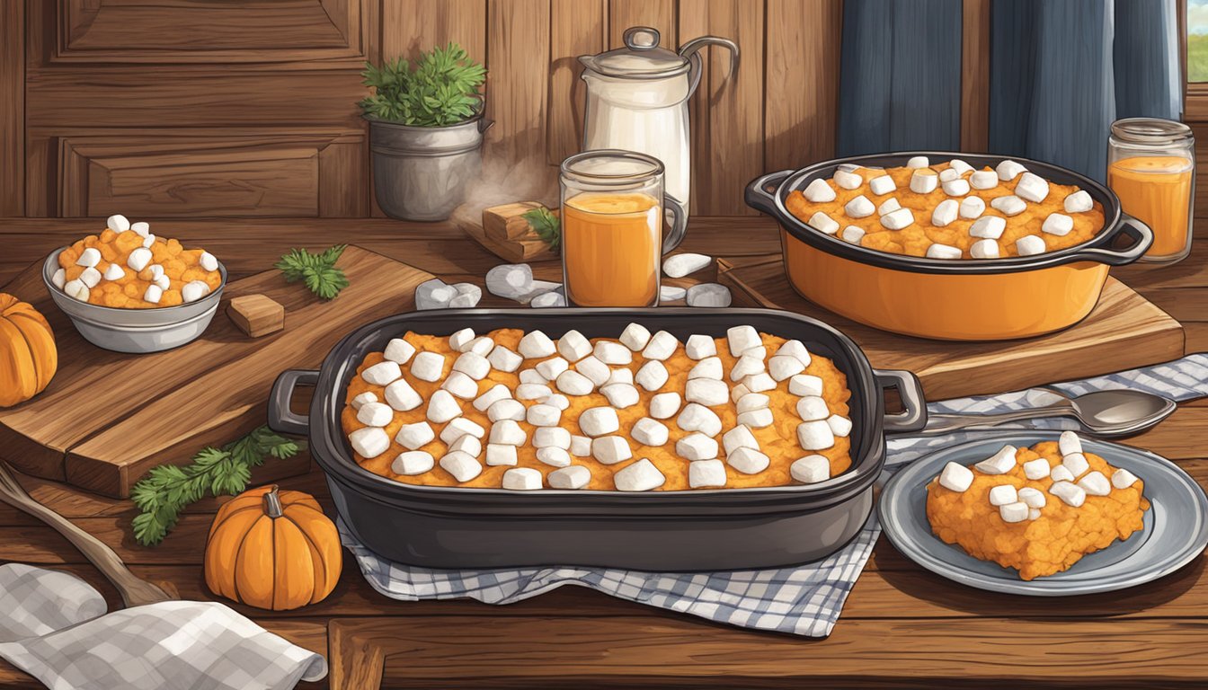 A rustic wooden table with a serving dish of mashed sweet potatoes topped with baked marshmallows, surrounded by Texan-themed decor