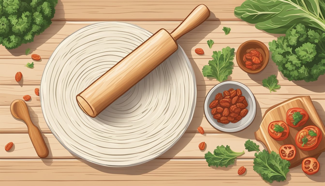 A wooden rolling pin flattens dough on a flour-dusted surface, surrounded by a bowl of kale and sundried tomatoes