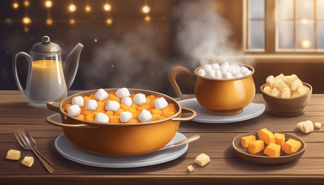 A rustic wooden table set with a steaming dish of mashed sweet potatoes topped with golden baked marshmallows