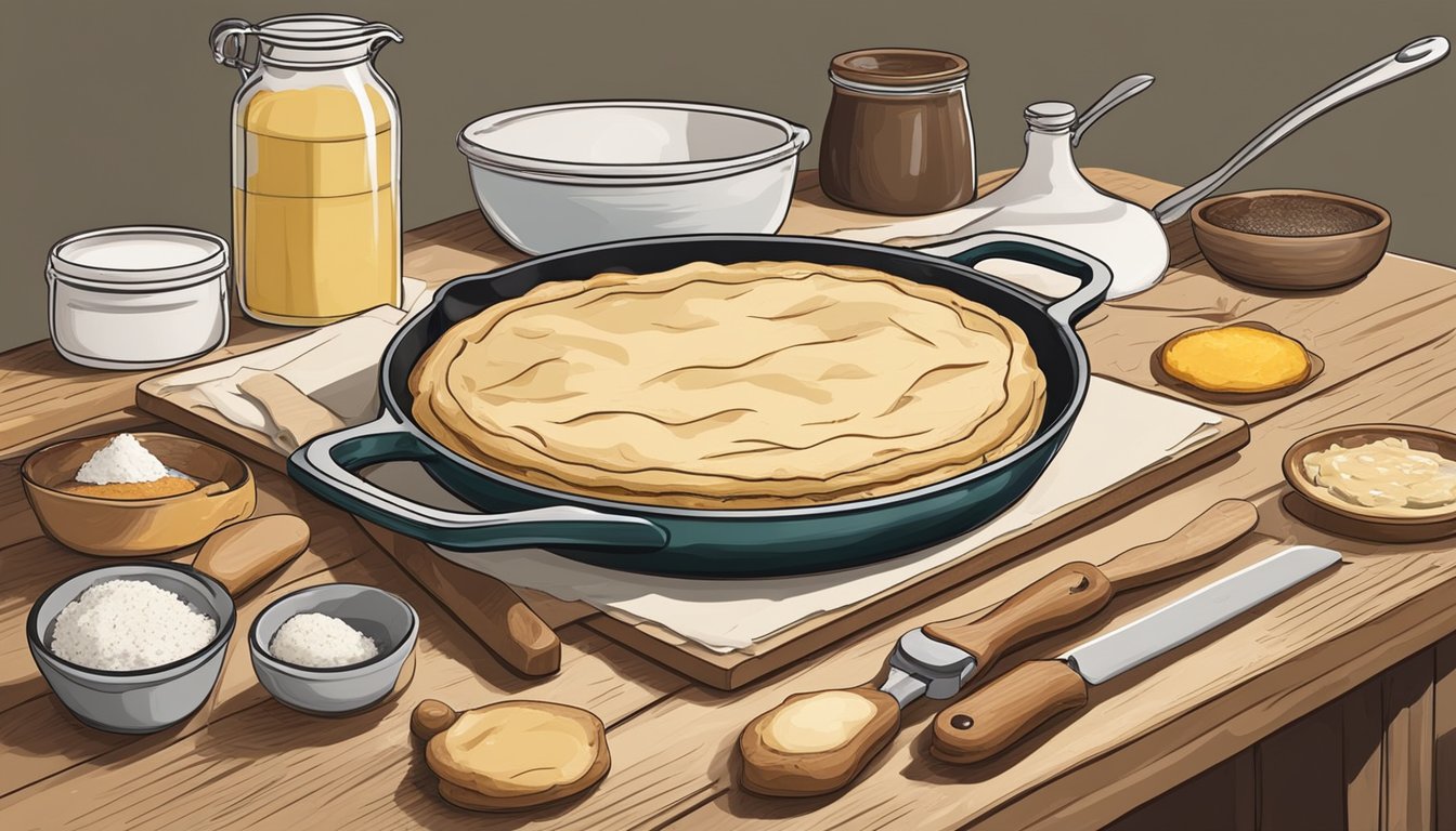 A rustic kitchen table with ingredients spread out, a rolling pin flattening dough, and a skillet sizzling with the galette cooking